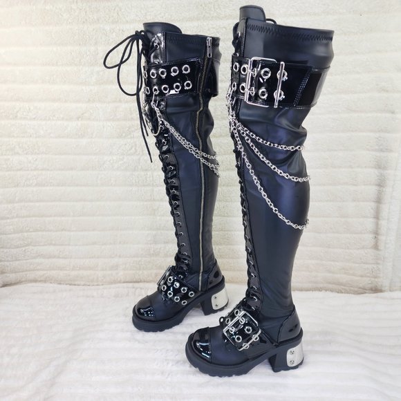 Bratty Big Buckle Strap Drape Chain Block Heel Stretch Thigh Goth Boots - Picture 9 of 15